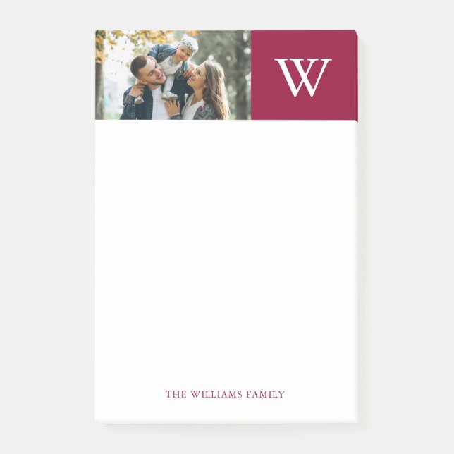 Burgundy Colour Block Monogram and Photo Post-it Notes (Front)