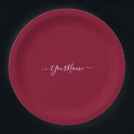 burgundy colour-elegant script  paper plate<br><div class="desc">Burgundy colour (#800020 ) solid colour paper plates . It comes with elegant script fonts .Easy to customise it now with your name. You can add monograms/logo /text etc. Designer's Tip : The name comes in elegant hand lettered script with swashes. When you are personalising it put your name between...</div>