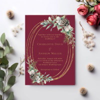 Burgundy cone pine greenery gold frame wedding