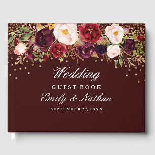 Burgundy Confetti Floral Wedding Guest Book