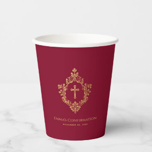 Burgundy Confirmation Faux Gold Crest Elegant Girl Paper Cups