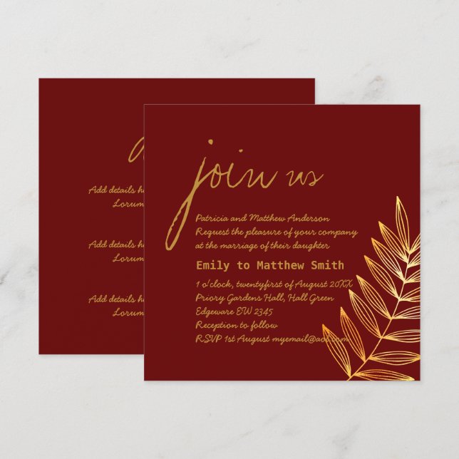 Burgundy Copper Leaf Wedding Invitation Modern (Front/Back)