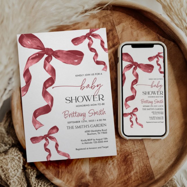 Burgundy Coquette Bow Baby Shower Invitation (Creator Uploaded)