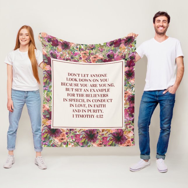 Burgundy Coral Floral Bible Verse Timothy Youth Fleece Blanket (In Situ)
