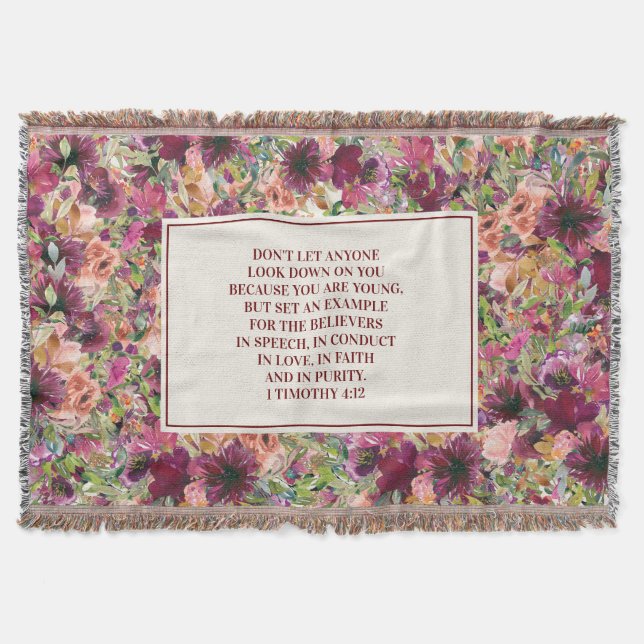 Burgundy Coral Floral Bible Verse Timothy Youth Throw Blanket (Front)
