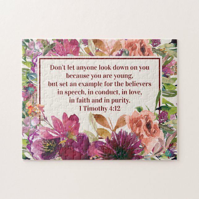 Burgundy Coral Floral Christian Bible Verse Jigsaw Puzzle (Horizontal)