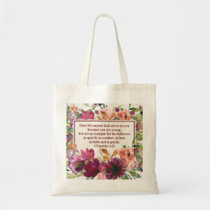 Burgundy Coral Floral Christian Bible Verse Tote Bag