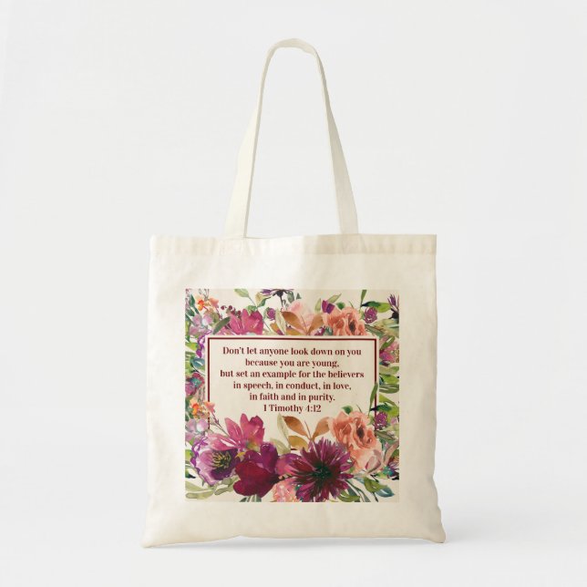 Burgundy Coral Floral Christian Bible Verse Tote Bag (Front)