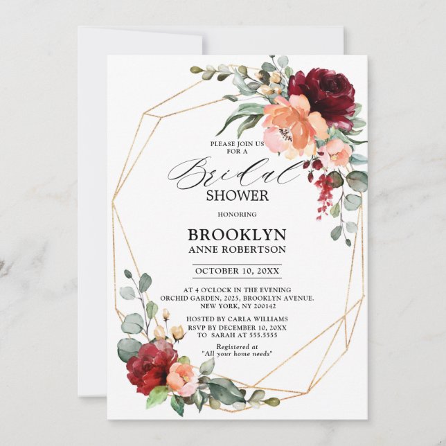 Burgundy Coral Orange Eucalyptus Bridal Shower Invitation (Front)