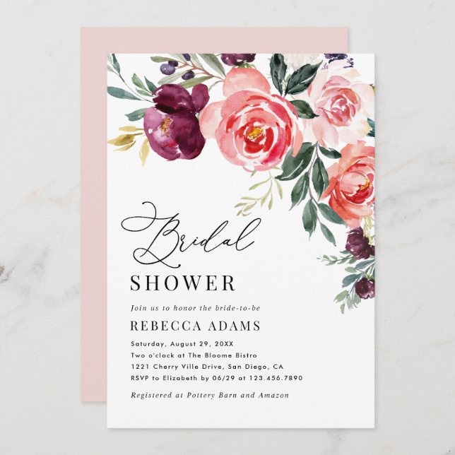 Burgundy & Coral Peach Floral Bridal Shower Invitation (Front/Back)