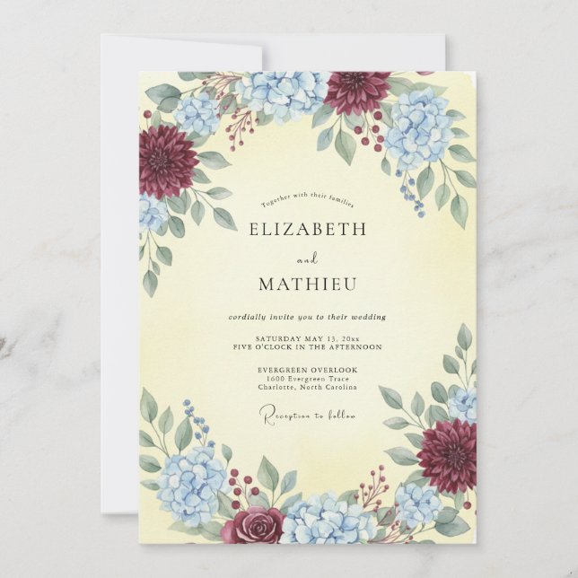 Burgundy Cornflower Hydrangea Eucalyptus Wedding Invitation (Front)