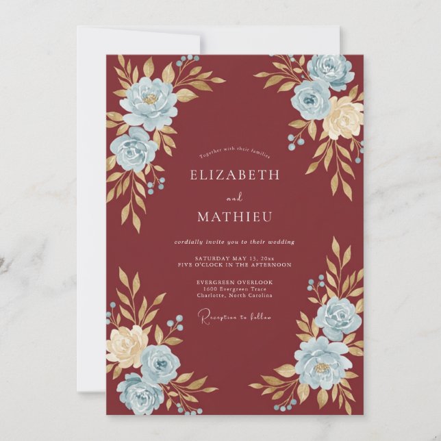 Burgundy Cornflower Ranunculus Eucalyptus Wedding Invitation (Front)