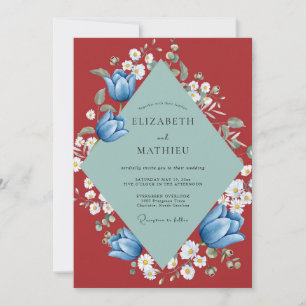 Burgundy Cornflower Tulip Eucalyptus Wedding Invitation