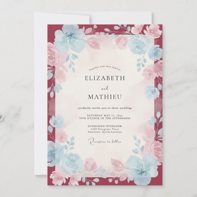 Burgundy Cornflower Wildflower Wedding Invitation (Front)