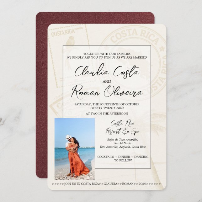 Burgundy Costa Rica Passport Wedding Invitation (Front/Back)