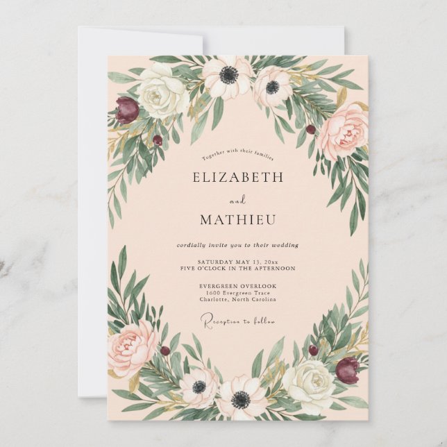 Burgundy Cream Anemone Wedding Invitation (Front)