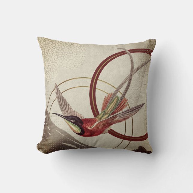 Burgundy & Cream Artistic Abstract Hummingbird Cushion (Front)