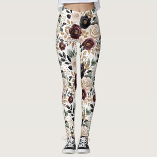 Burgundy Cream Black Floral Leggings