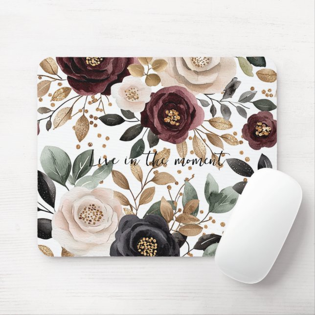 Burgundy Cream Black Floral Mouse Pad (With Mouse)