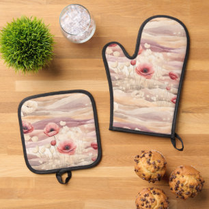 Burgundy Cream Blush Floral Bridal Shower Oven Mitt & Pot Holder Set