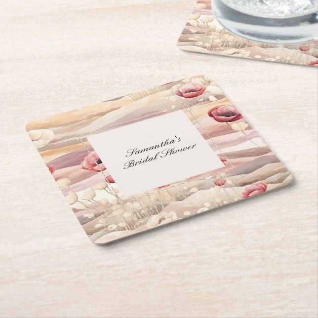 Burgundy Cream Blush Floral Bridal Shower Square Paper Coaster (Angled)