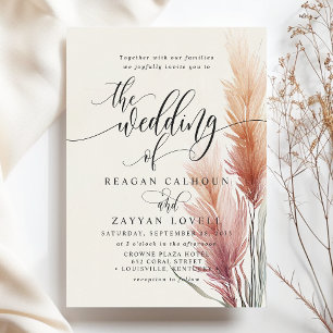 Burgundy Cream Calligraphy Pampas Grass Wedding Invitation