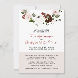 Burgundy Cream Dusty Pink Rose Floral Wedding Invitation