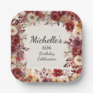 Burgundy Cream Fall Autumn Floral 60th Birthday Paper Plate