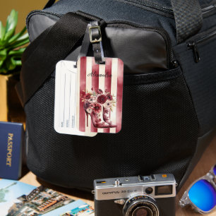 Burgundy Cream Floral Boots Stripes Luggage Tag