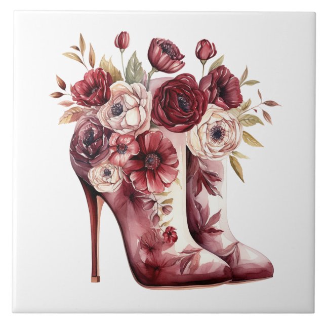 Burgundy Cream Floral Boots Tile (Front)