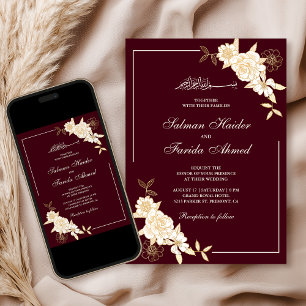 Burgundy Cream Floral Branch Muslim Wedding Invitation