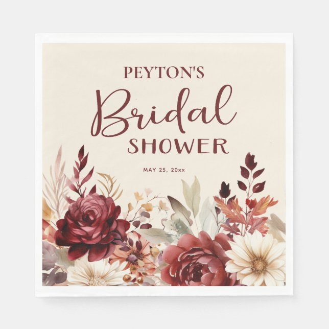 Burgundy Cream Floral Bridal Shower Napkin (Front)