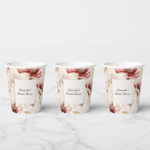 Burgundy Cream Floral Bridal Shower Paper Cups