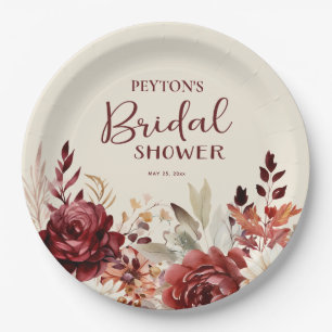 Burgundy Cream Floral Bridal Shower Paper Plate