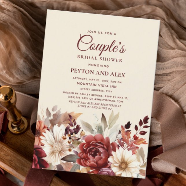 Burgundy Cream Floral Couple's Bridal Shower Invitation (Boho, burgundy and cream-colored floral bridal shower invitation)