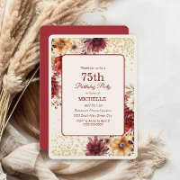 Burgundy Cream Floral Gold Glitter 75th Birthday