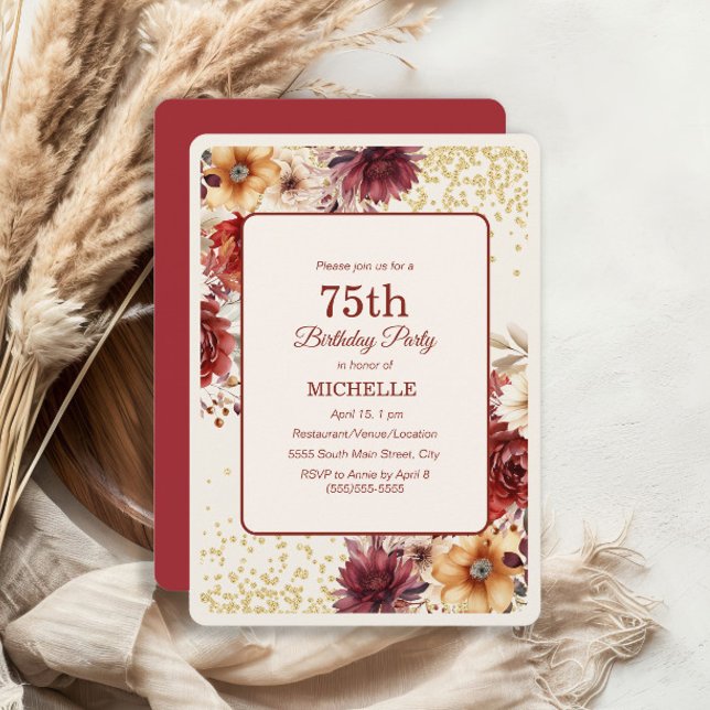 Burgundy Cream Floral Gold Glitter 75th Birthday Invitation (Burgundy and cream watercolor floral 75th ibirthday party invitation)