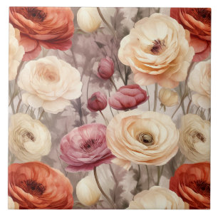 Burgundy Cream Flowers Tile