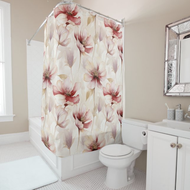 Burgundy Cream Lavender Floral Bridal Shower Curtain (In Situ)