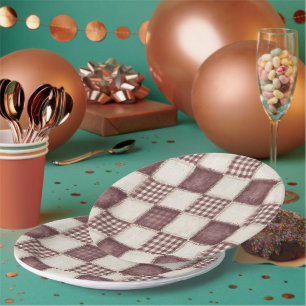 Burgundy Cream Plaid Stripes Paper Plate