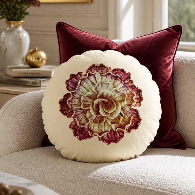 Burgundy & Cream (Primary) Rosette Elegance Round Cushion (Creator Uploaded)