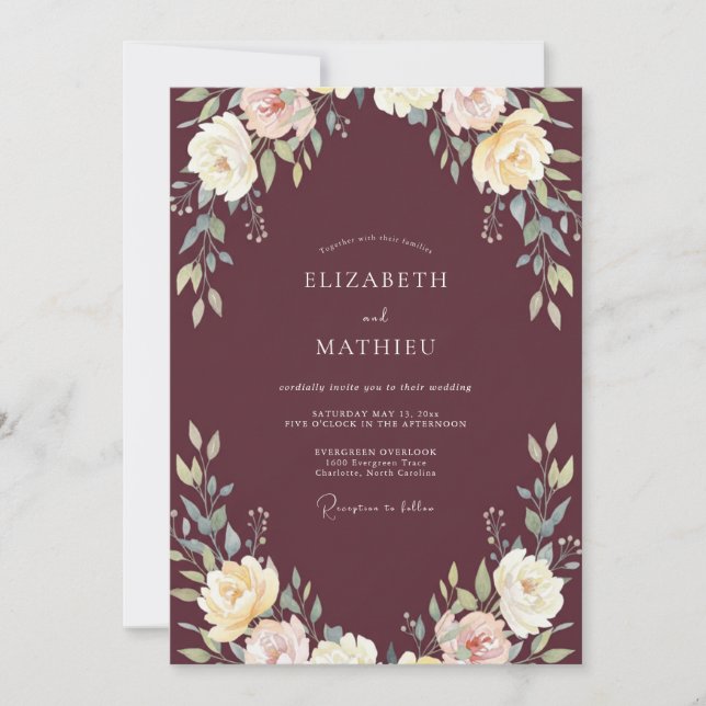 Burgundy Cream Ranunculus Eucalyptus Wedding Invitation (Front)
