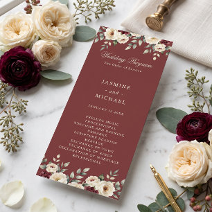 Burgundy Cream Rose Moody Floral Winter Wedding Programme