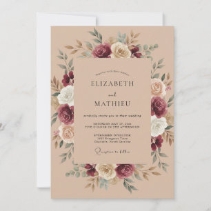 Burgundy Cream Rose Wreath Wedding Invitation