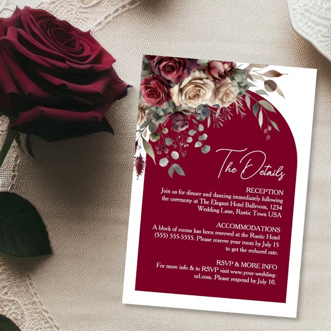 Burgundy Cream Roses Elegant Arch Wedding Details Enclosure Card (Creator Uploaded)