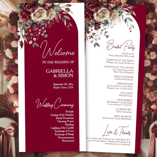 Burgundy & Cream Roses Stylish Arch Wedding Programme (Front/Back)