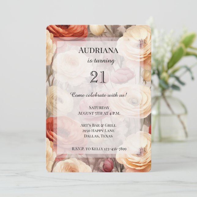 Burgundy Cream Spring Flowers Birthday Invitation (Standing Front)