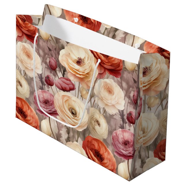 Burgundy Cream Spring Flowers Bridal Shower Large Gift Bag (Front Angled)