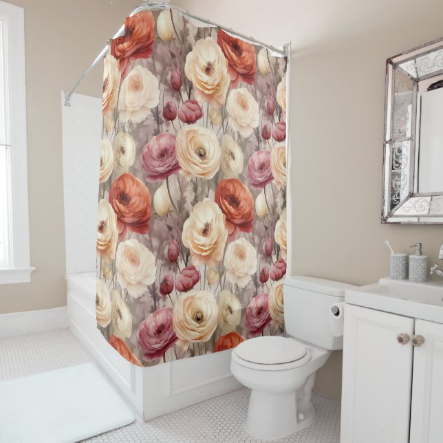 Burgundy Cream Spring Flowers Bridal Shower Shower Curtain (In Situ)