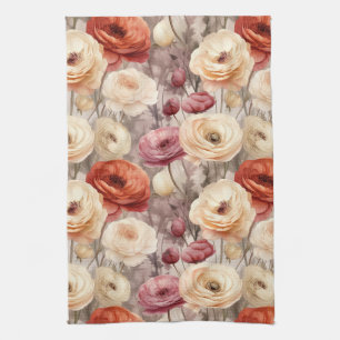 Burgundy Cream Spring Flowers Bridal Shower Tea Towel